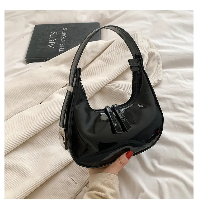 Black Glossy French Crescent Shoulder Bag for Women - Image 2