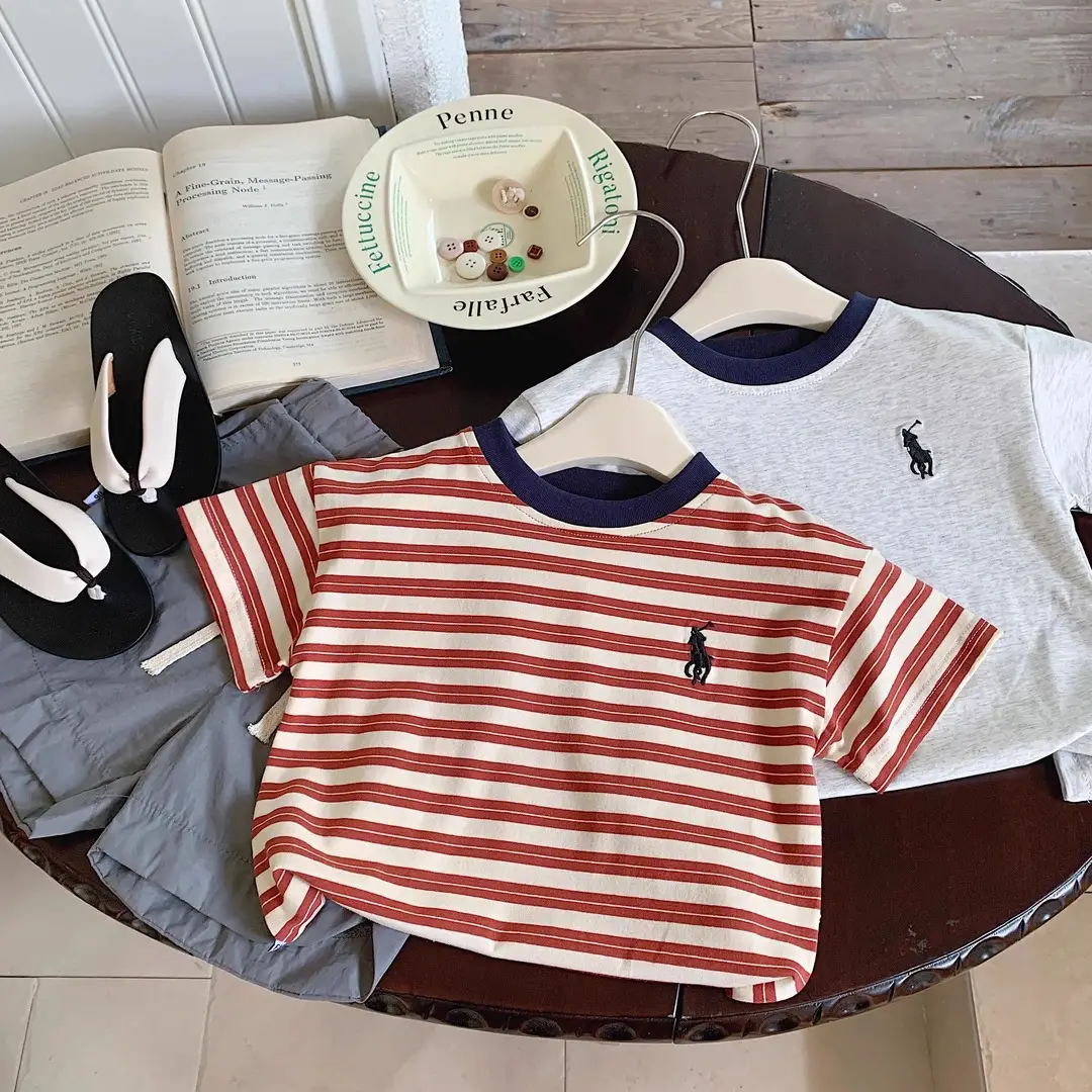 Boys Striped Cotton T-Shirt Red White Medium Small - Image 3