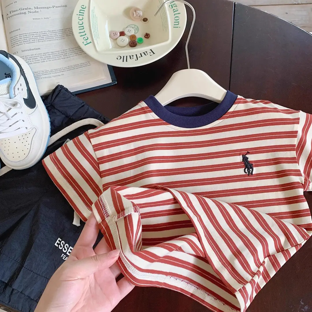 Boys Striped Cotton T-Shirt Red White Medium Small - Image 4