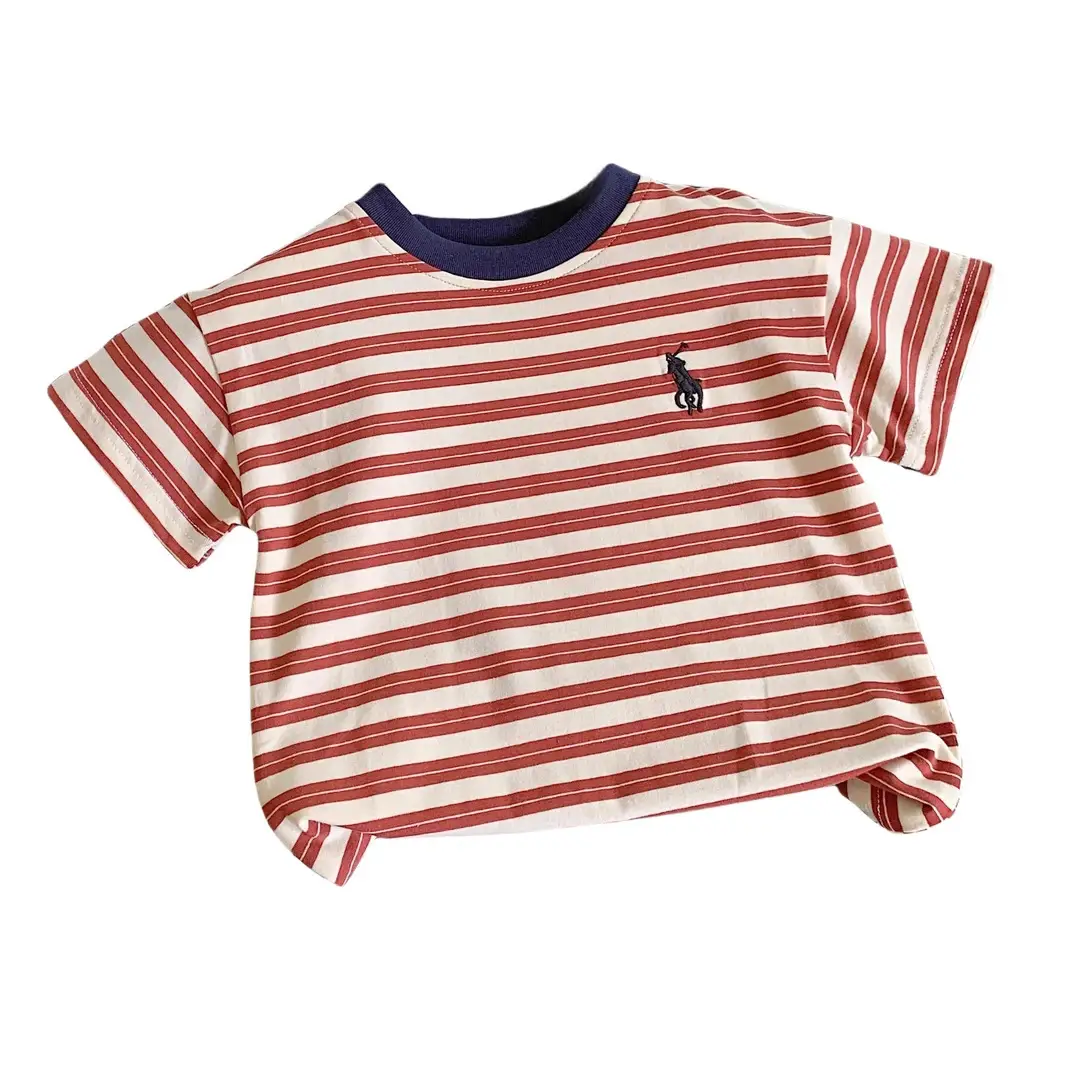 Boys Striped Cotton T-Shirt Red White Medium Small - Image 5