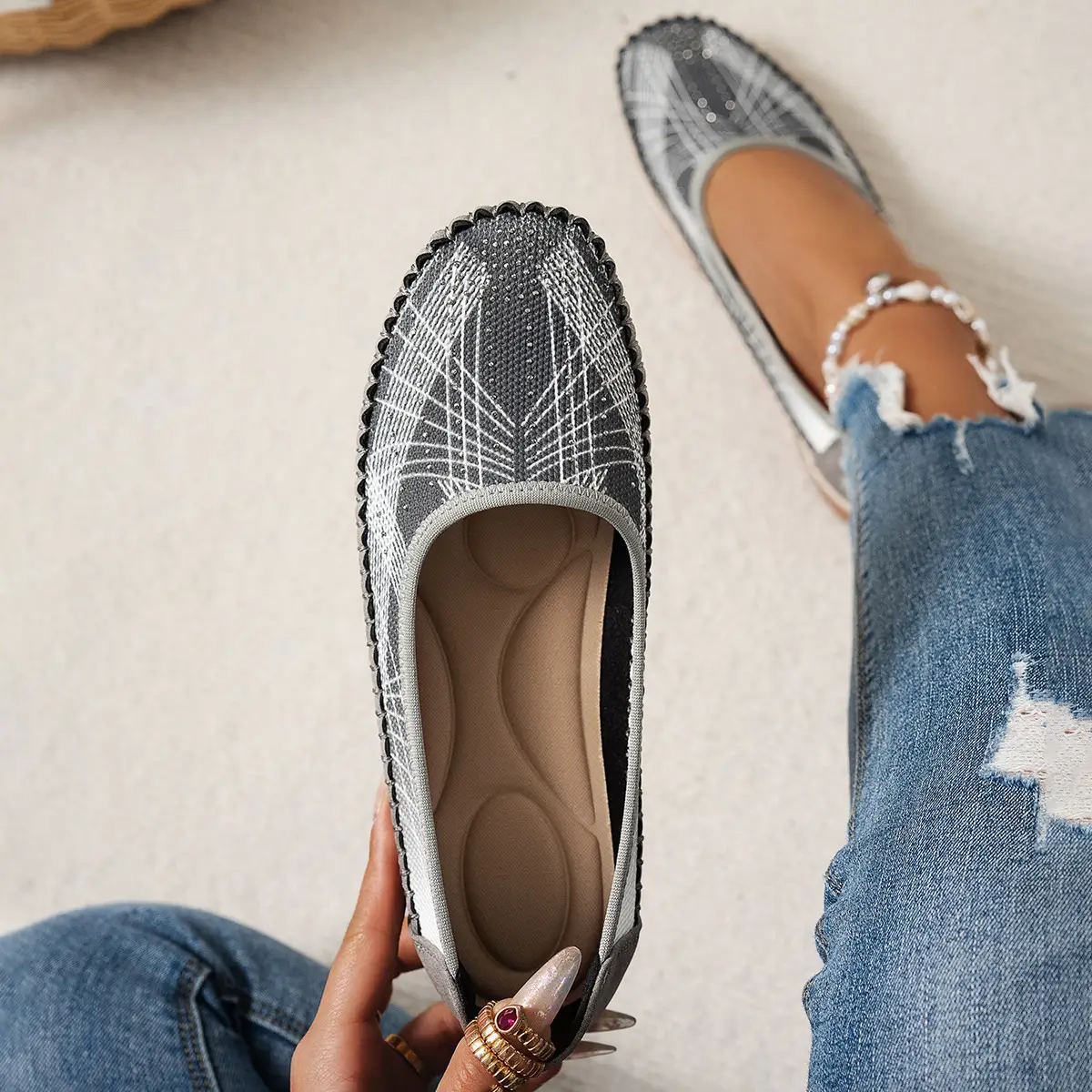 Women's Gray Feathered Flat Loafers Plus Size - Image 2
