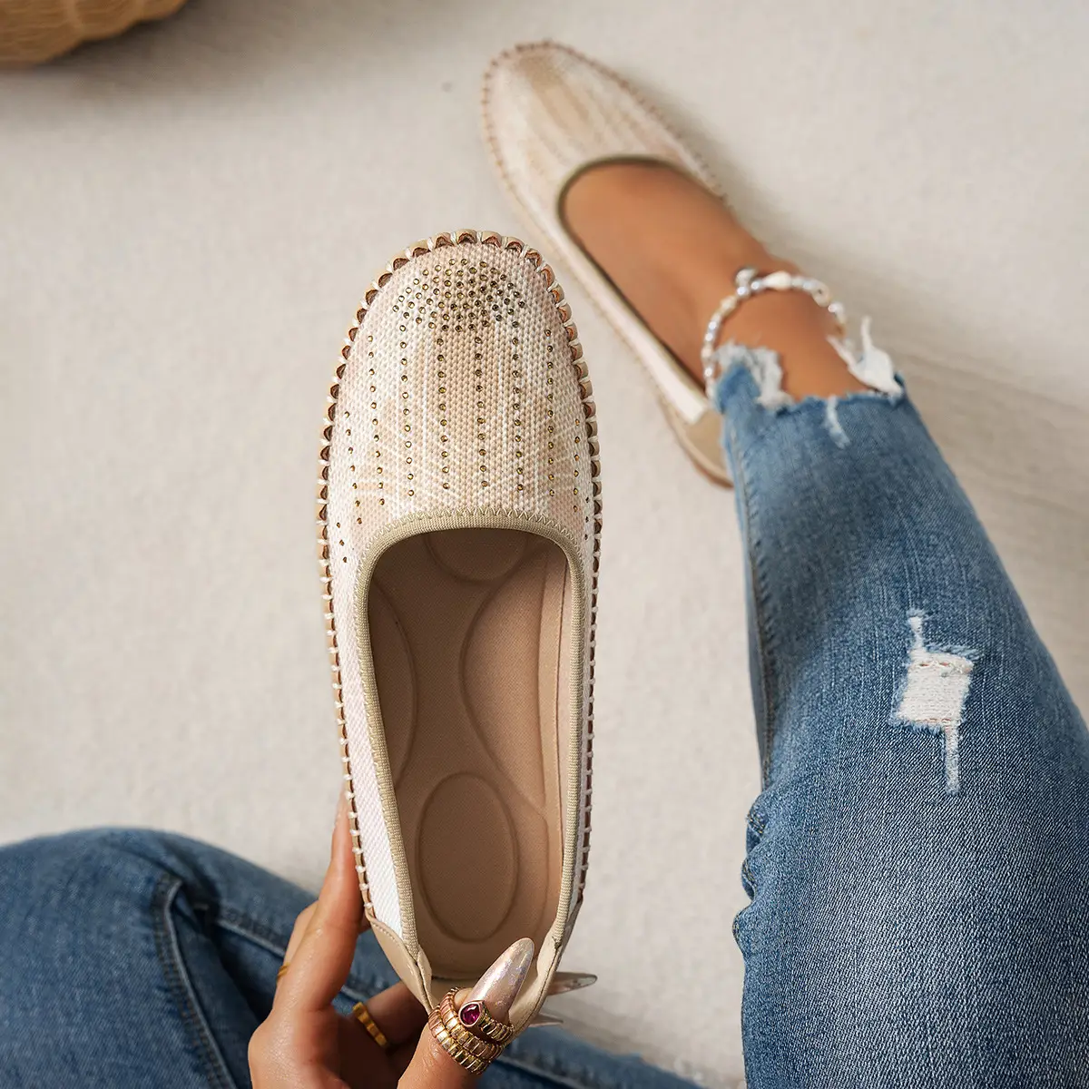 Women's Gray Feathered Flat Loafers Plus Size - Image 3