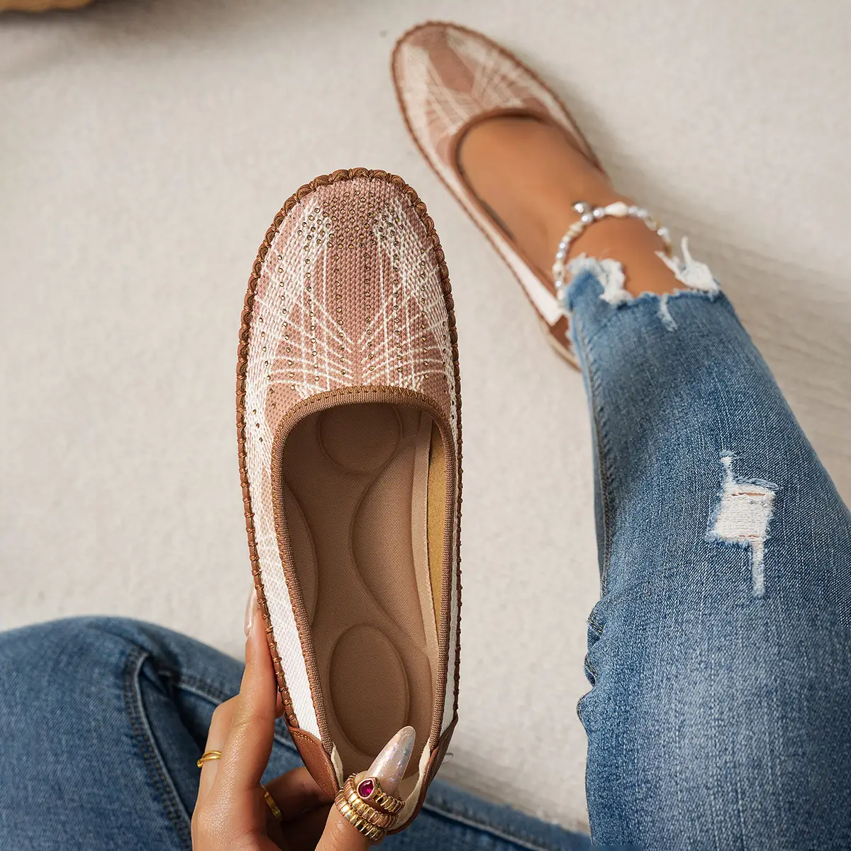 Women's Gray Feathered Flat Loafers Plus Size - Image 4
