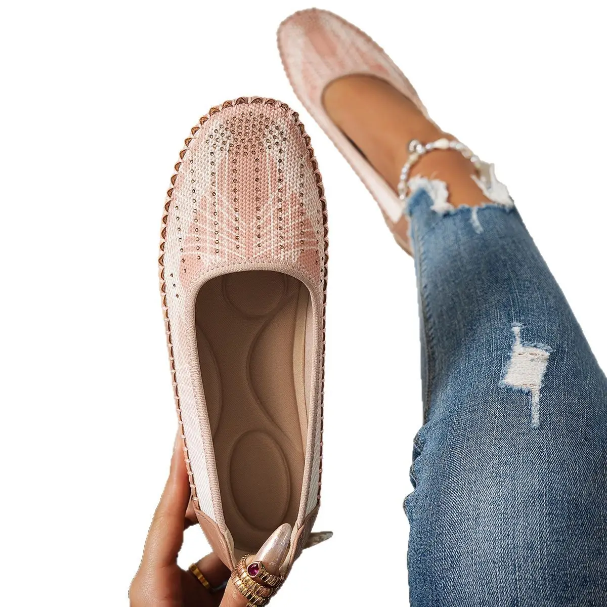 Women's Gray Feathered Flat Loafers Plus Size - Image 5