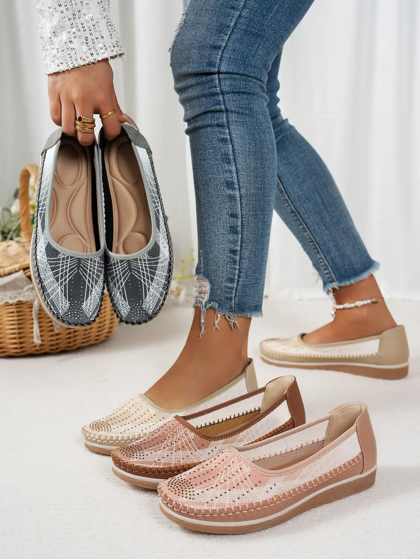 Women's Gray Feathered Flat Loafers Plus Size — feature 1