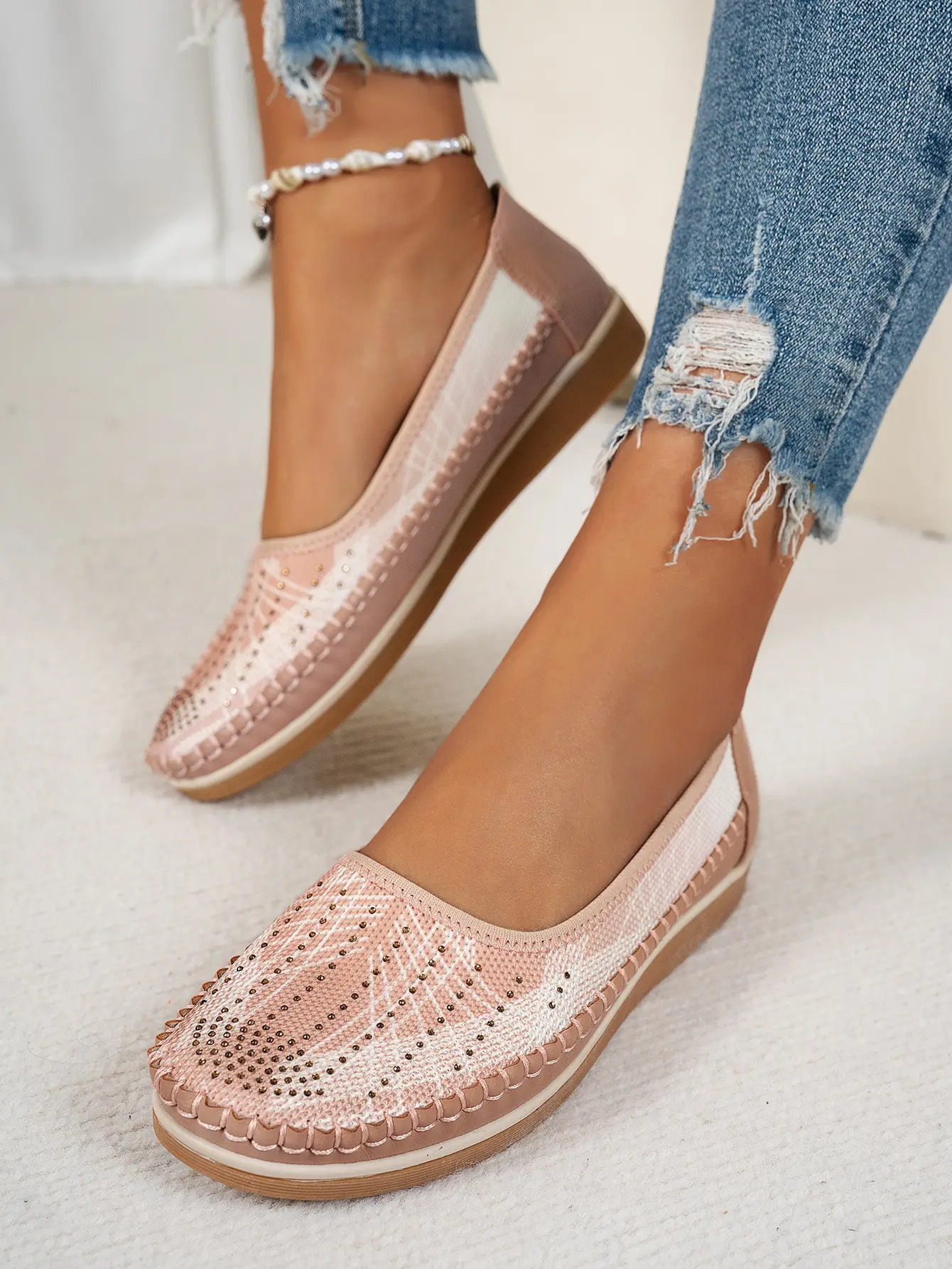 Women's Gray Feathered Flat Loafers Plus Size — feature 17