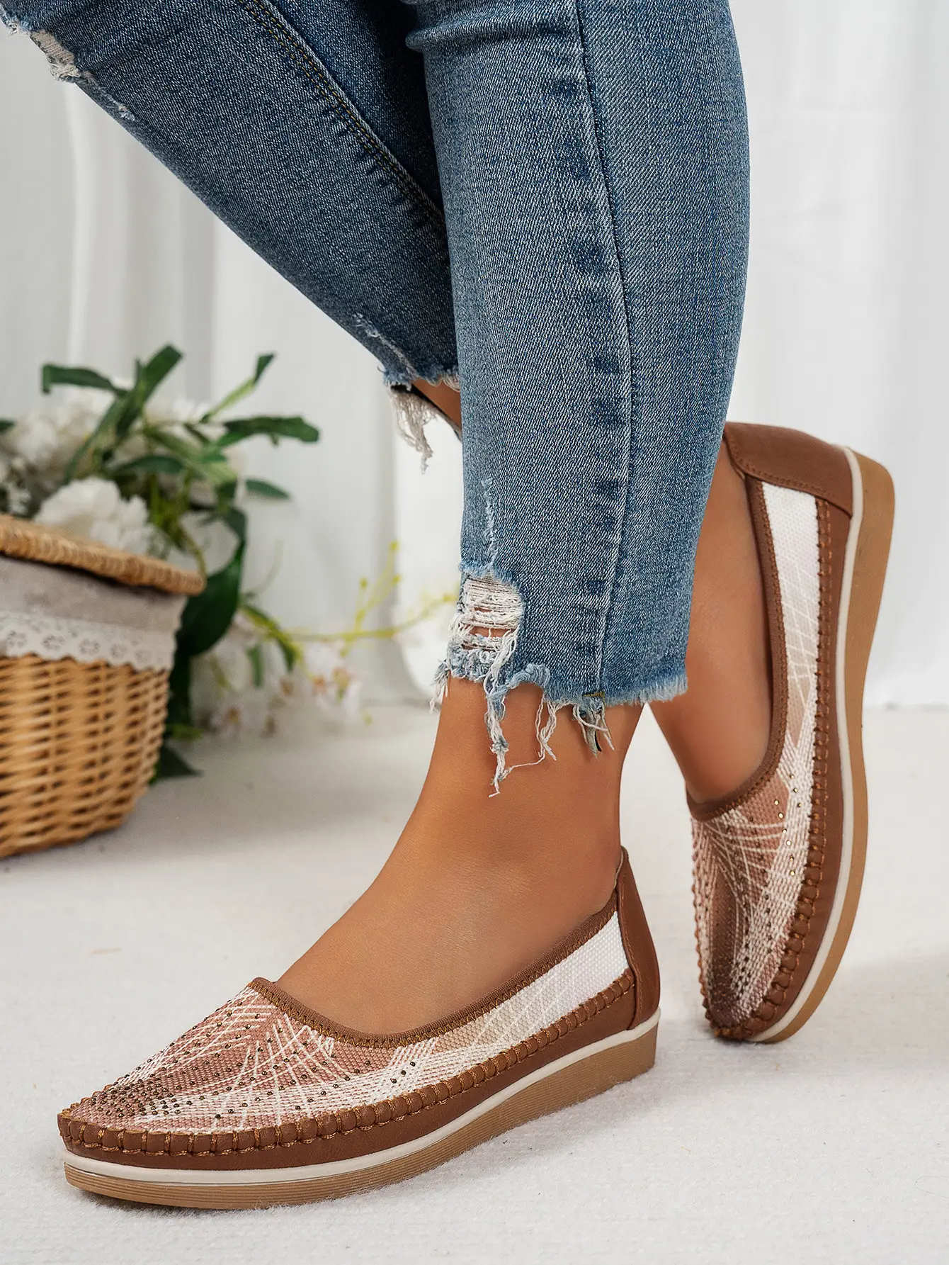 Women's Gray Feathered Flat Loafers Plus Size — feature 22
