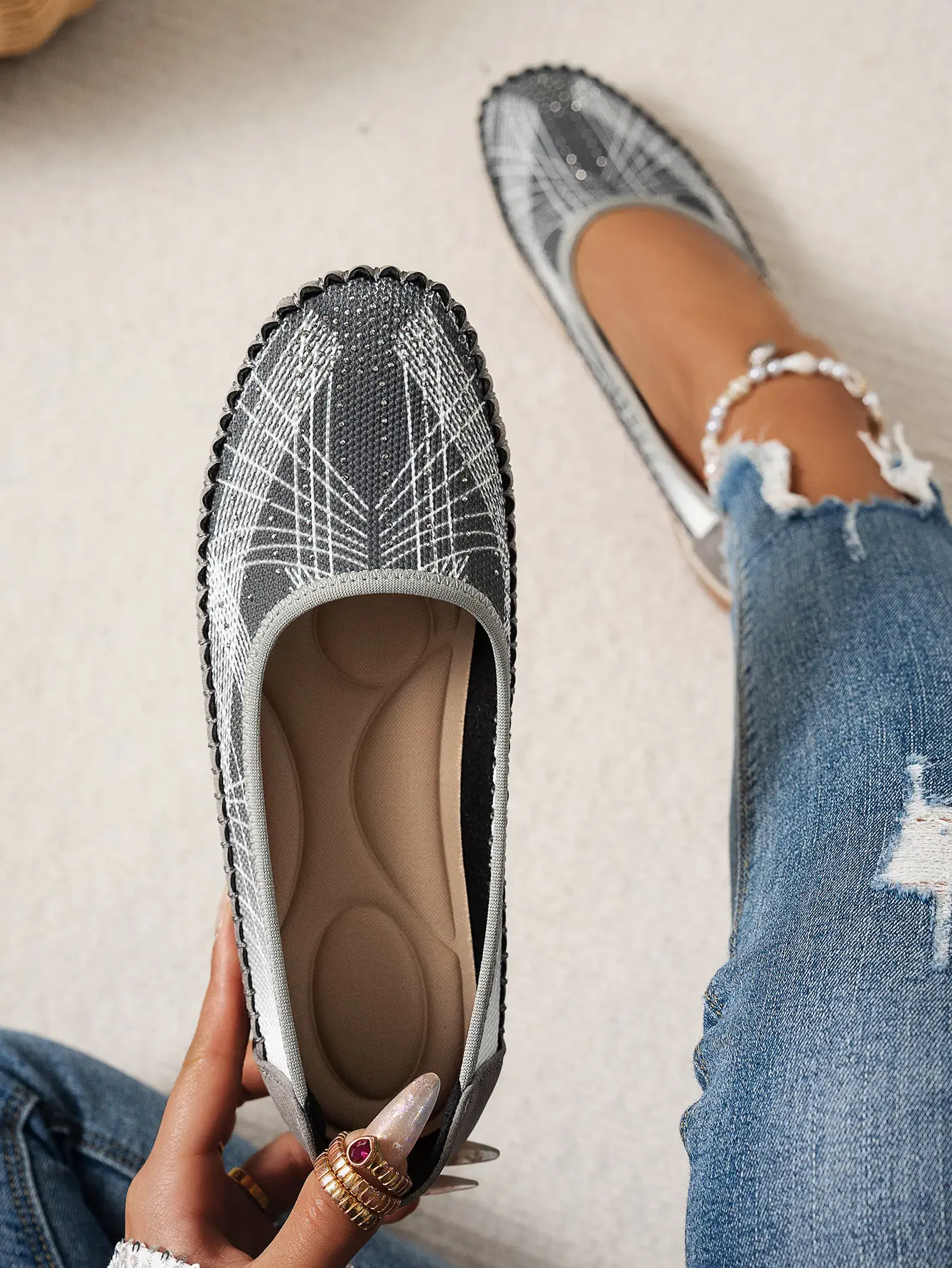 Women's Gray Feathered Flat Loafers Plus Size — feature 5