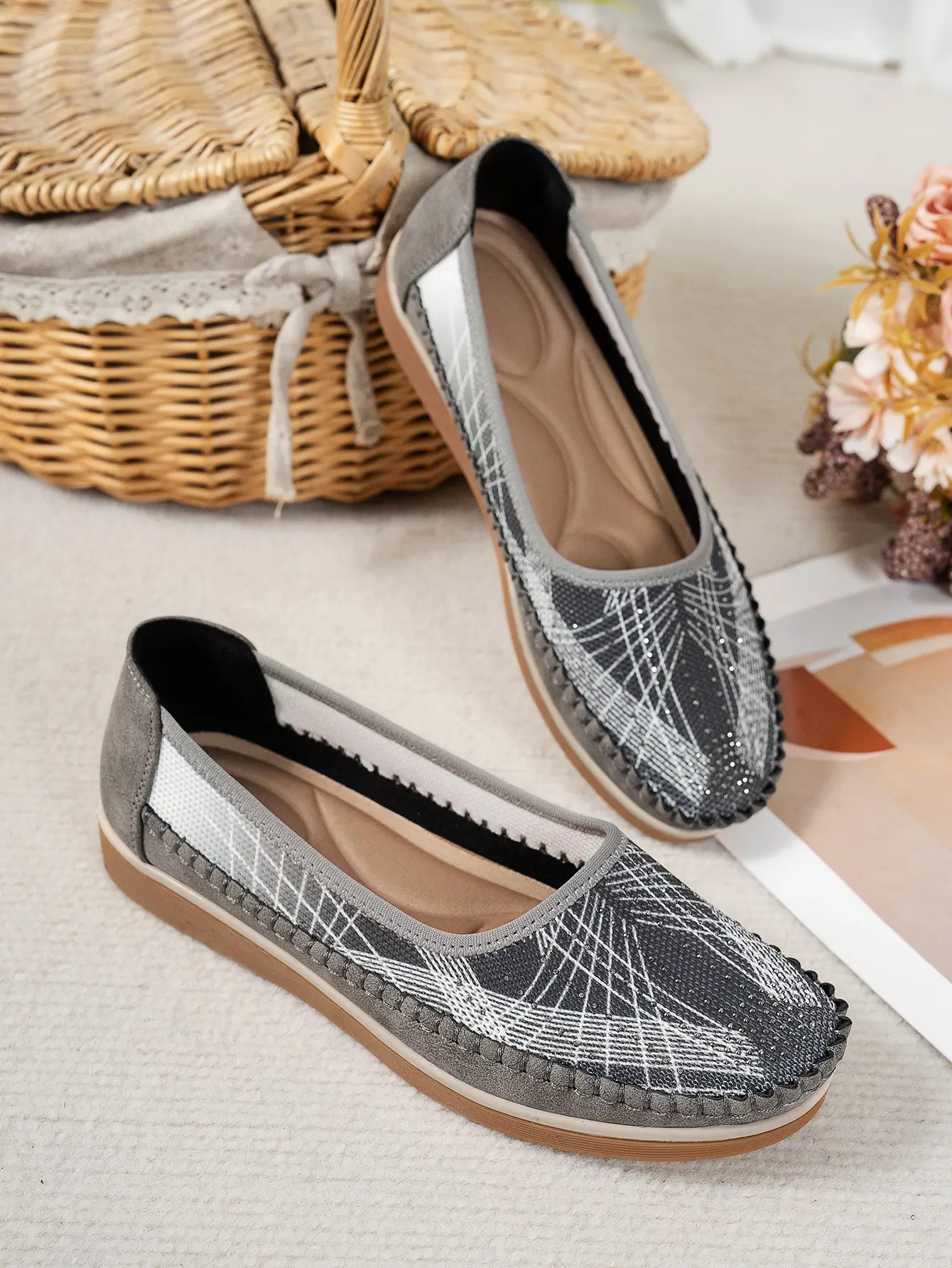 Women's Gray Feathered Flat Loafers Plus Size — feature 6