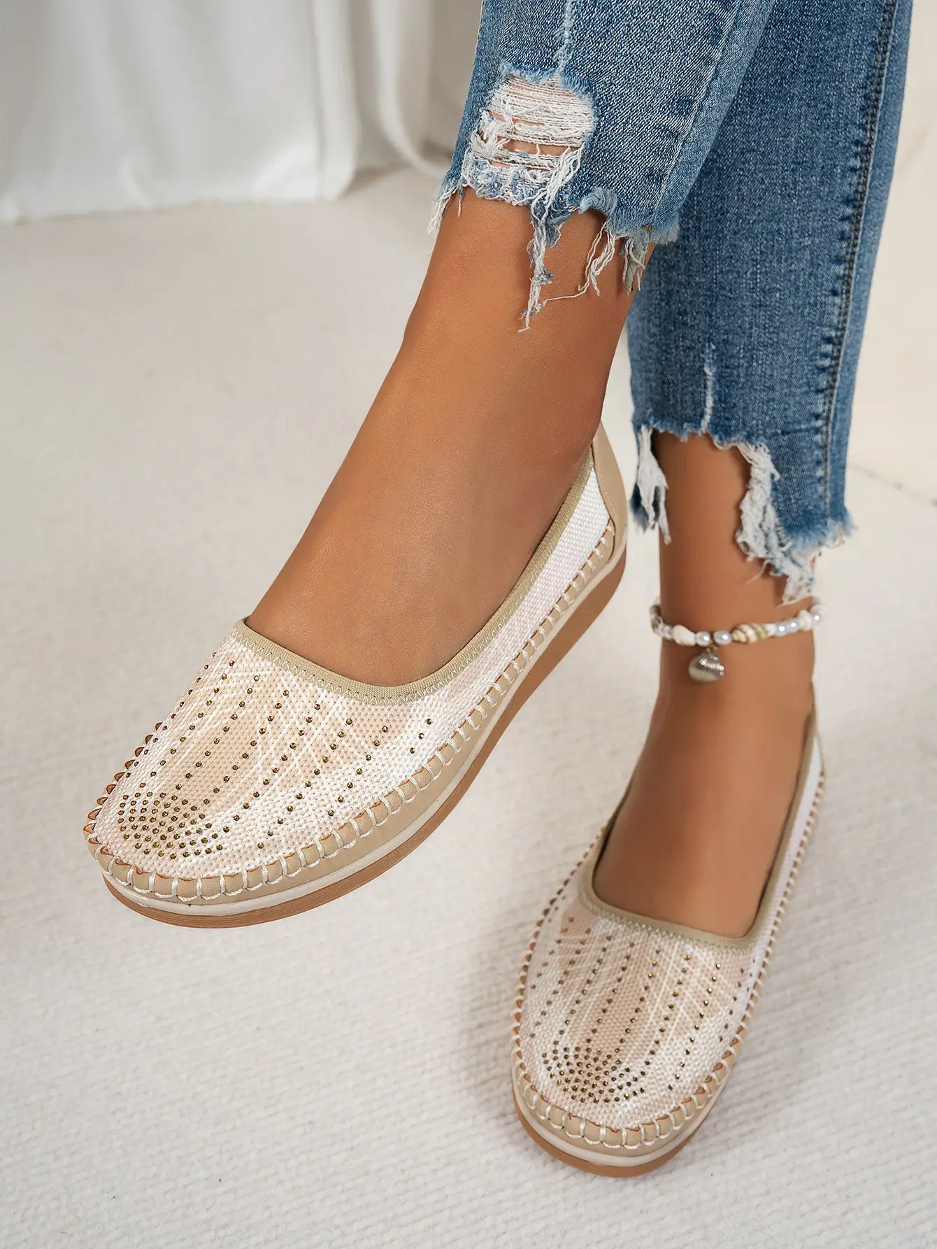 Women's Gray Feathered Flat Loafers Plus Size — feature 9
