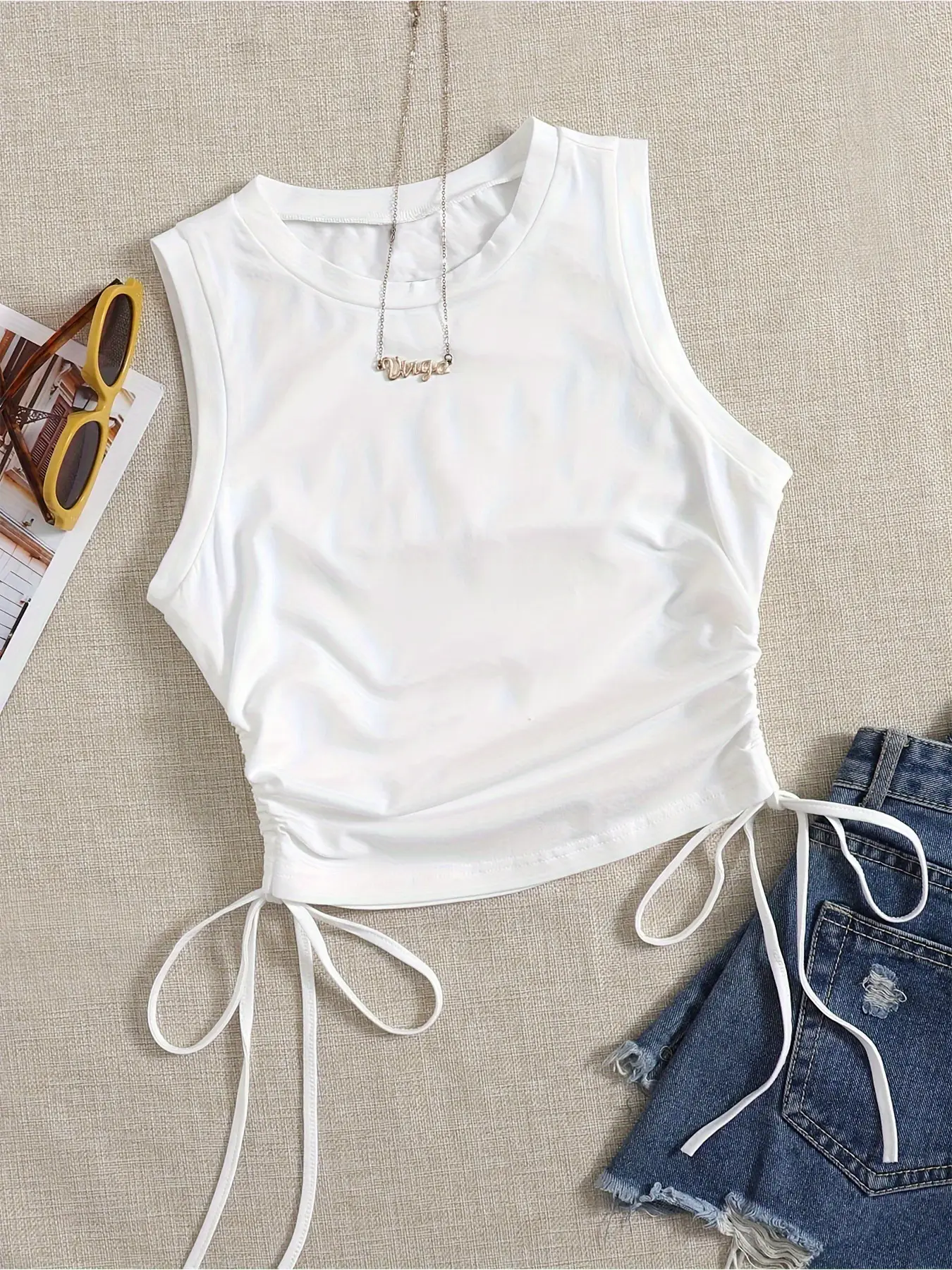 Women's White Side Drawstring Vest Summer Top — feature 3