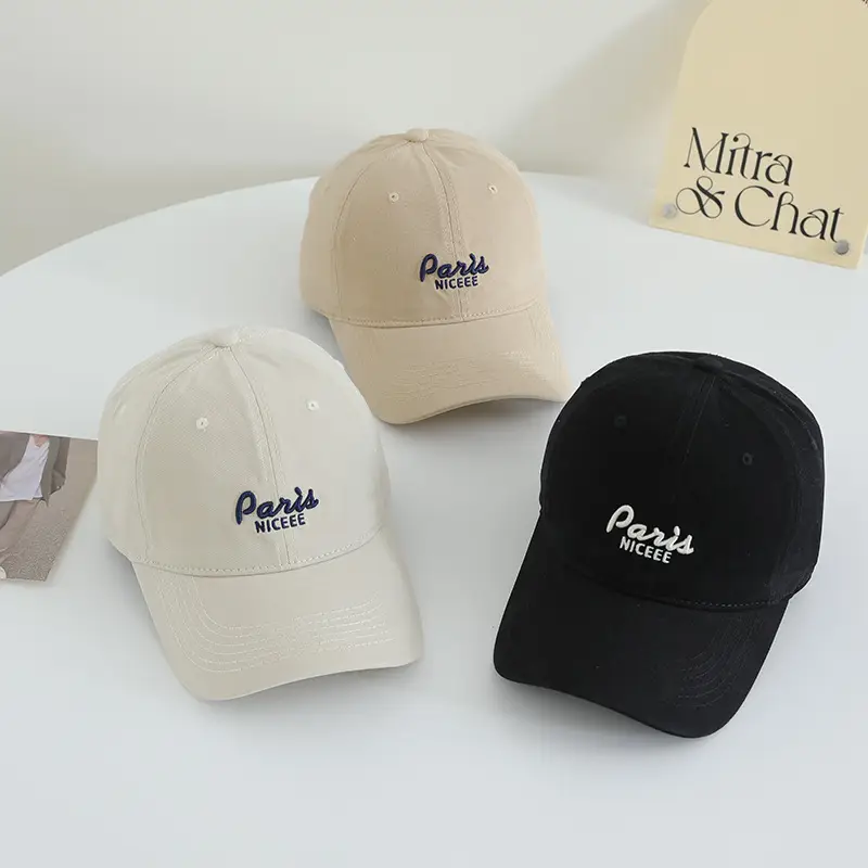 Paris Embroidered Pure Cotton Baseball Caps Black White Beige - Image 11