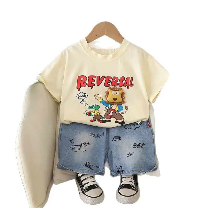 Boys Korean Style 2025 Summer New Kids T-Shirt Two-Piece Set