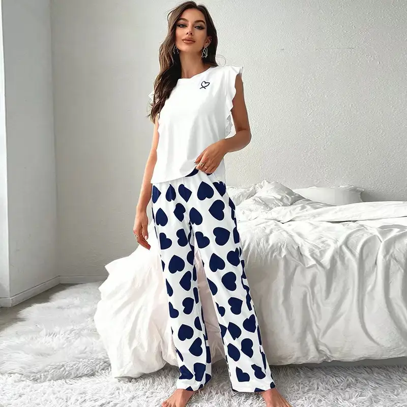 European and American Cross-Border Summer Women's Sleeveless T-Shirt and Long Pants Pajama Set, Milk Silk Heart Print Loungewear