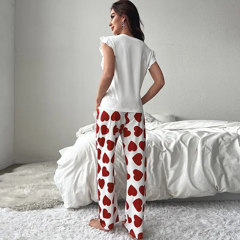 European and American Cross-Border Summer Women's Sleeveless T-Shirt and Long Pants Pajama Set, Milk Silk Heart Print Loungewear