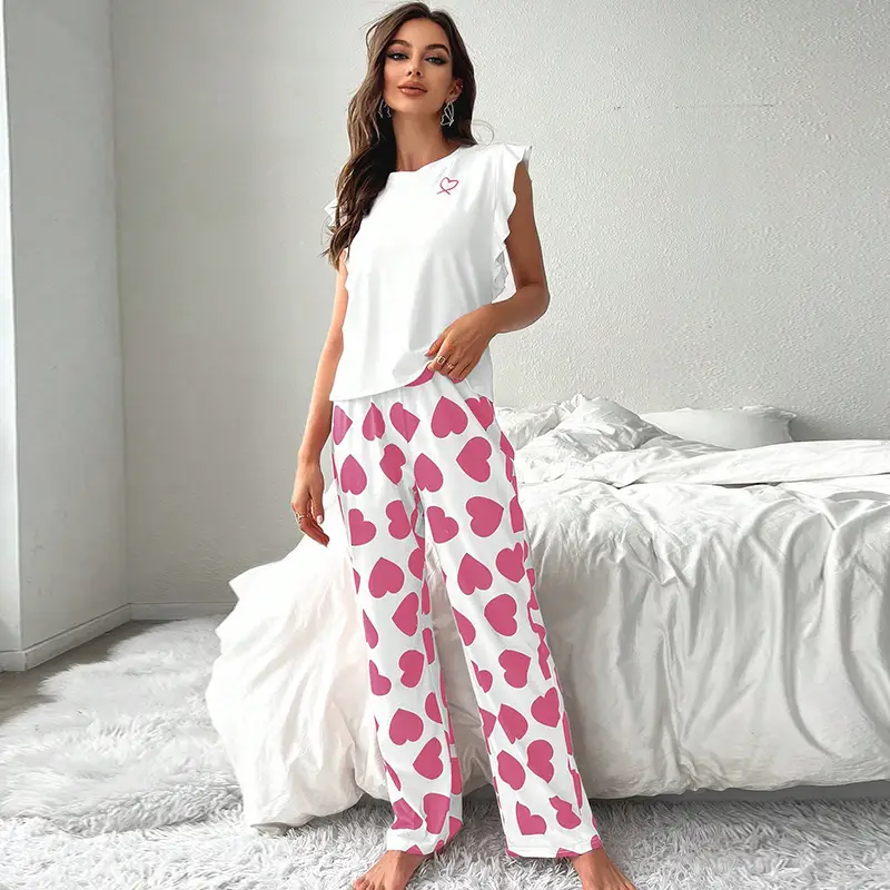 European and American Cross-Border Summer Women's Sleeveless T-Shirt and Long Pants Pajama Set, Milk Silk Heart Print Loungewear