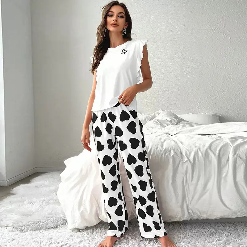 European and American Cross-Border Summer Women's Sleeveless T-Shirt and Long Pants Pajama Set, Milk Silk Heart Print Loungewear