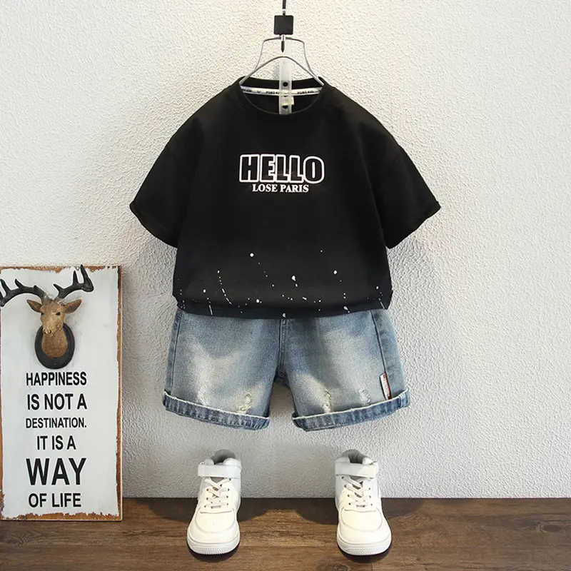 Boys 2025 Black Hello T-Shirt Cotton Loose Summer Casual