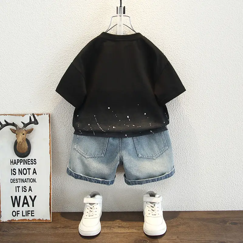 Boys 2025 Black Hello T-Shirt Cotton Loose Summer Casual