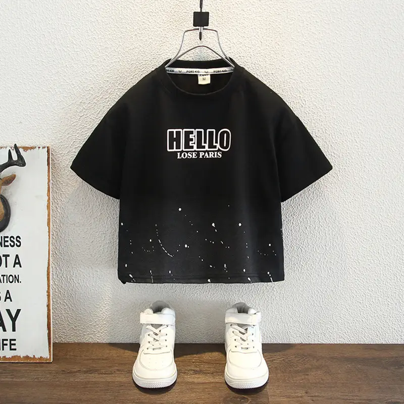 Boys 2025 Black Hello T-Shirt Cotton Loose Summer Casual