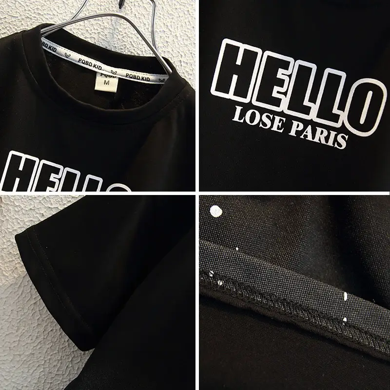 Boys 2025 Black Hello T-Shirt Cotton Loose Summer Casual