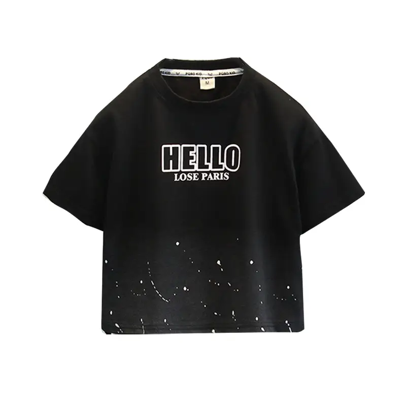Boys 2025 Black Hello T-Shirt Cotton Loose Summer Casual