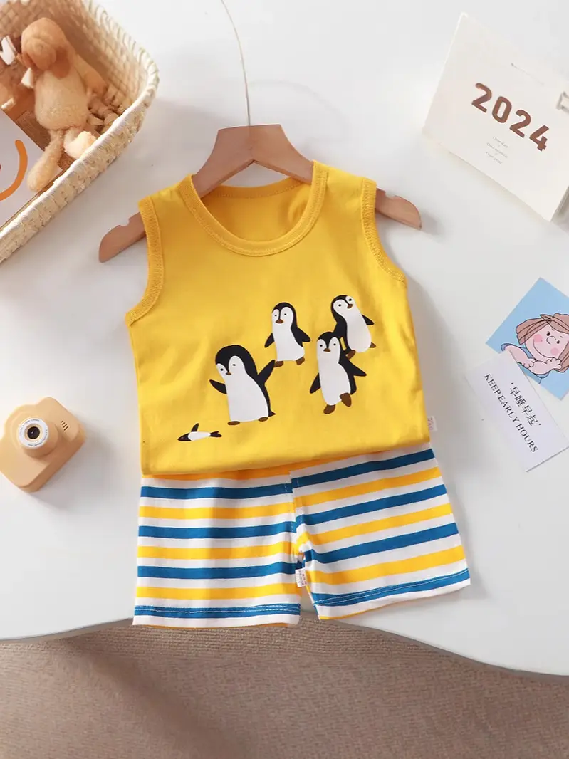 Girls Penguin Sleeveless T-Shirt Shorts Set Yellow Blue Striped - Image 19