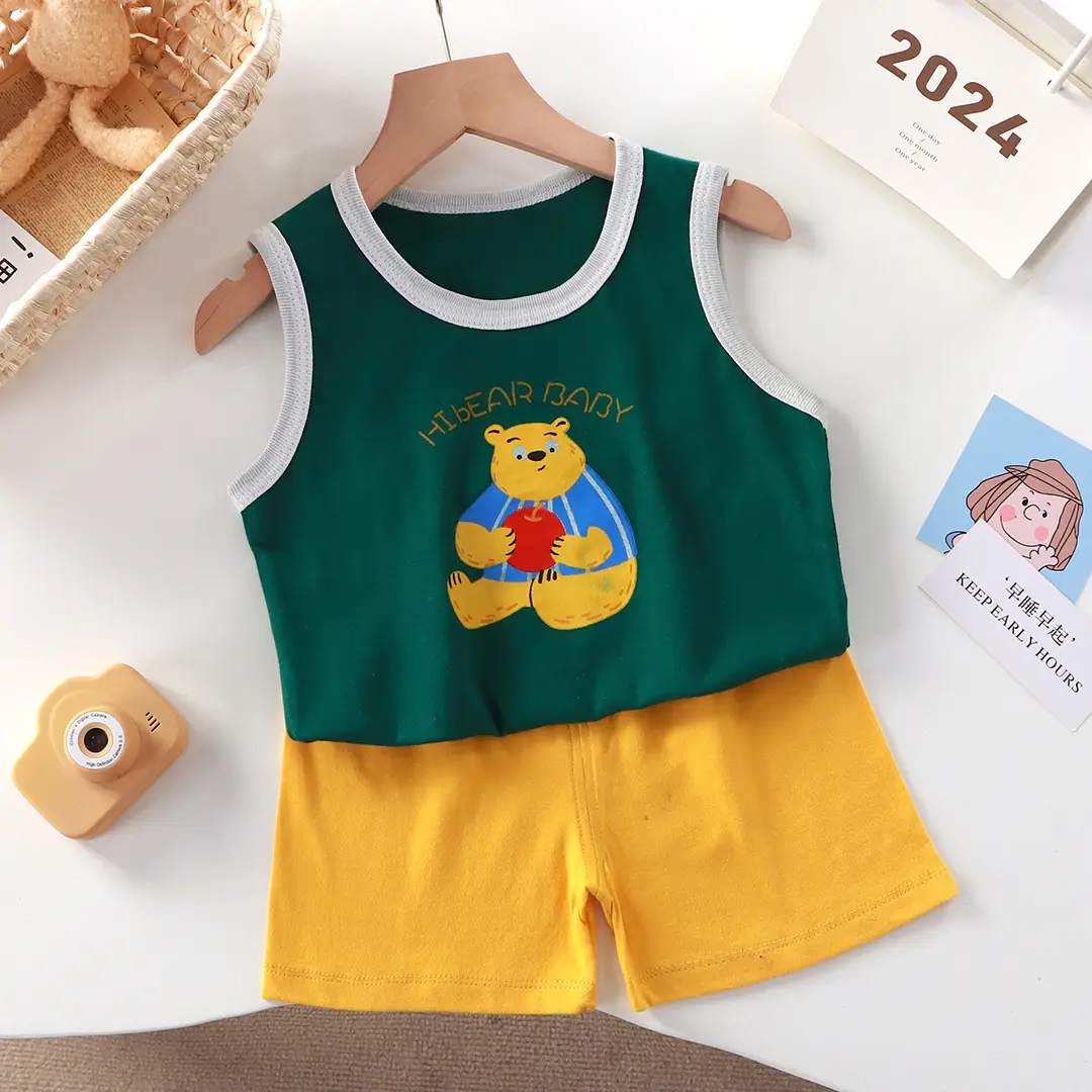 Girls Penguin Sleeveless T-Shirt Shorts Set Yellow Blue Striped - Image 12