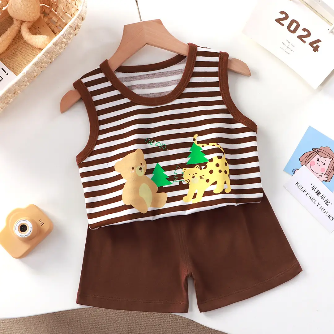 Girls Penguin Sleeveless T-Shirt Shorts Set Yellow Blue Striped - Image 13