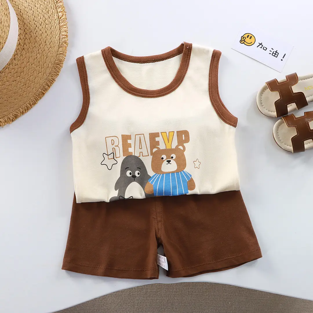 Girls Penguin Sleeveless T-Shirt Shorts Set Yellow Blue Striped - Image 2