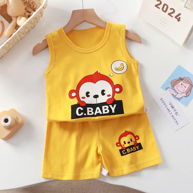 Girls Penguin Sleeveless T-Shirt Shorts Set Yellow Blue Striped - Image 3