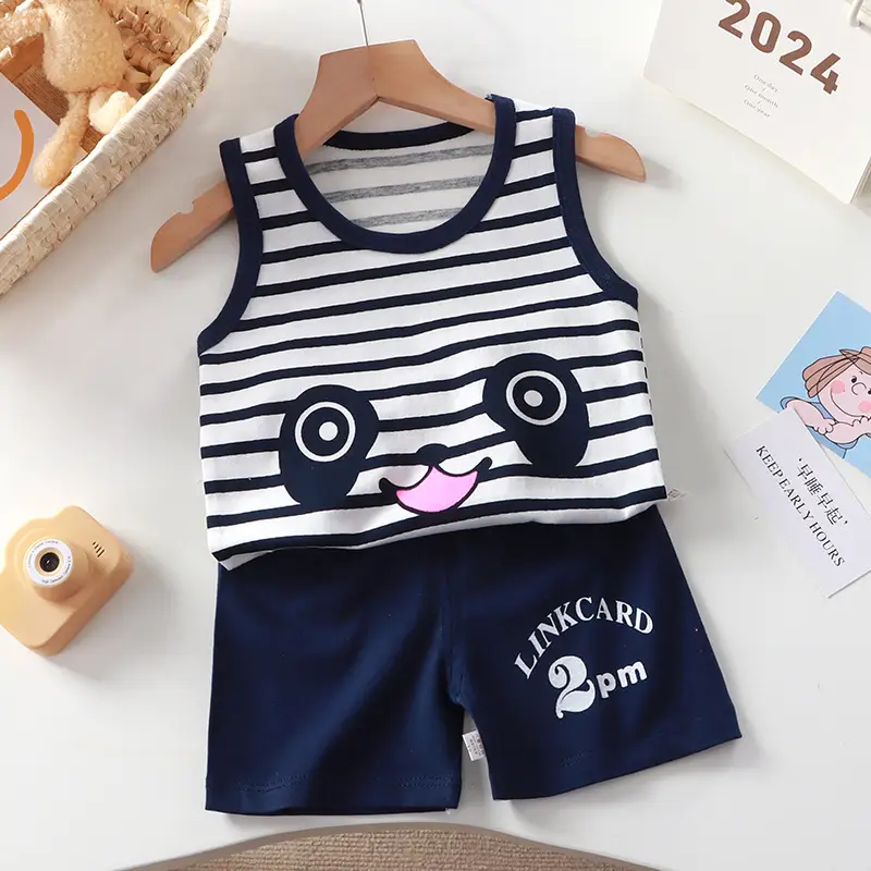 Girls Penguin Sleeveless T-Shirt Shorts Set Yellow Blue Striped - Image 4