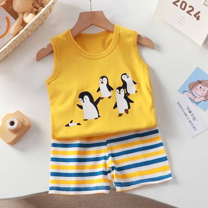 Girls Penguin Sleeveless T-Shirt Shorts Set Yellow Blue Striped - Image 9