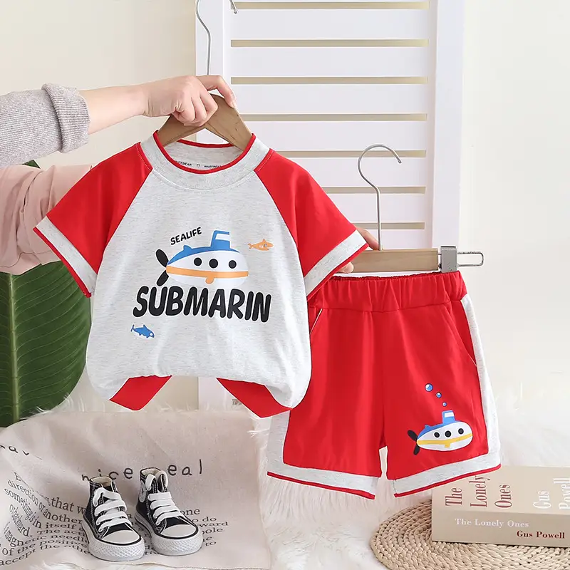 Submarine Cartoon 2-Piece Boys Suit Blue Cotton 1-5Y