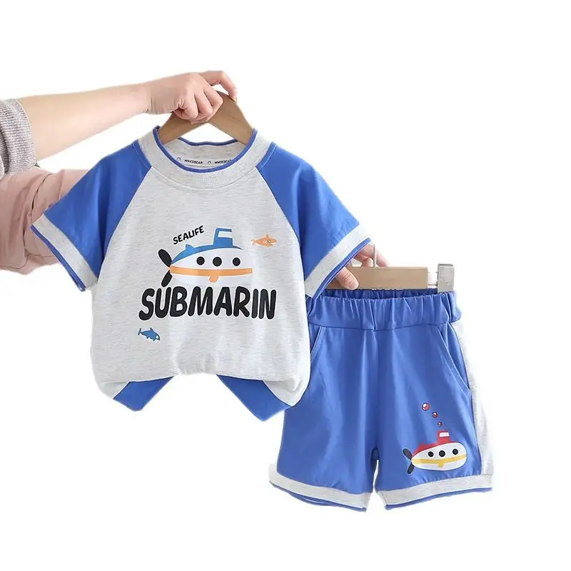 Submarine Cartoon 2-Piece Boys Suit Blue Cotton 1-5Y
