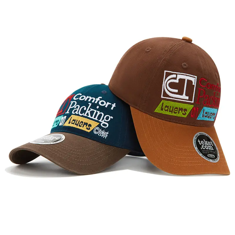 Korean Letter Embroidered Baseball Cap Teal Brown - Image 3