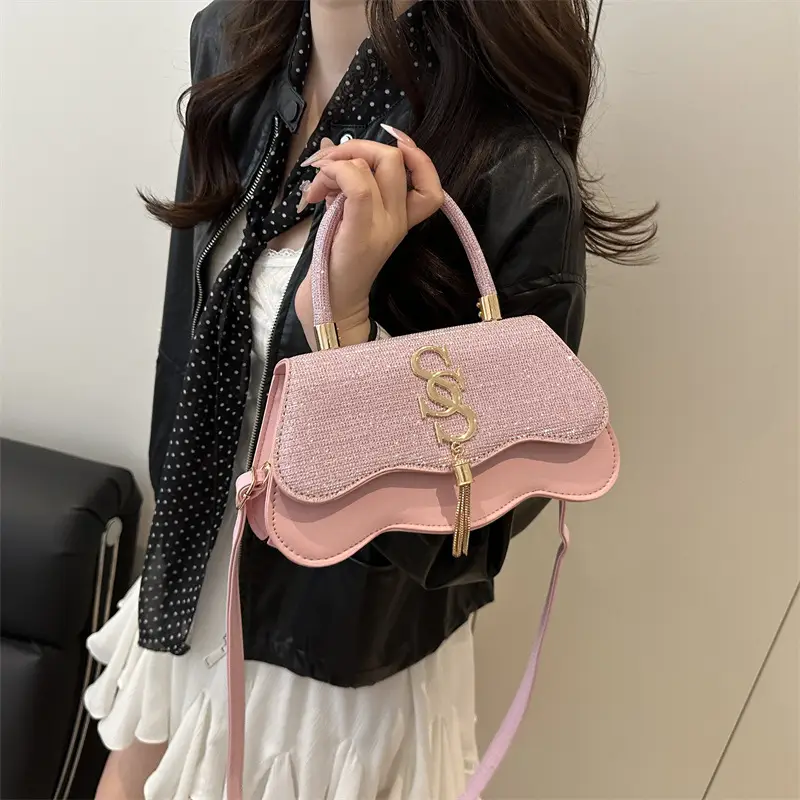 2025 Sequin Satchel Bag White Gold One Shoulder