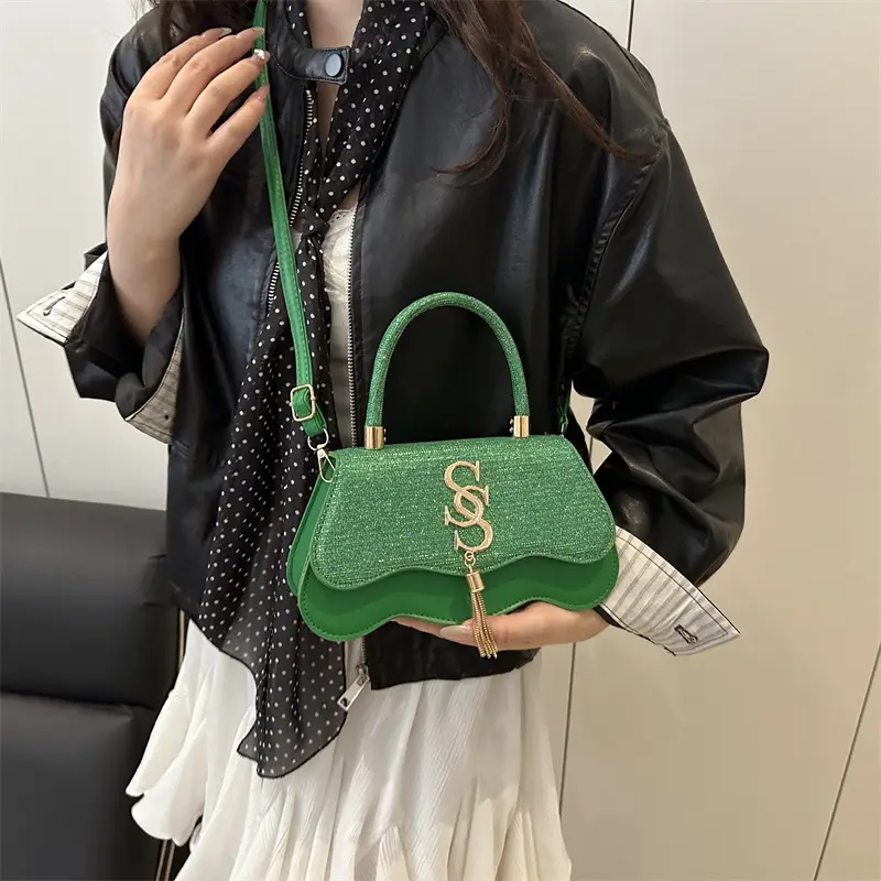 2025 Sequin Satchel Bag White Gold One Shoulder