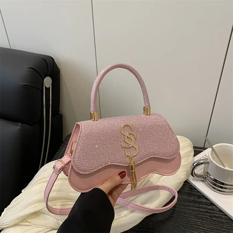 2025 Sequin Satchel Bag White Gold One Shoulder