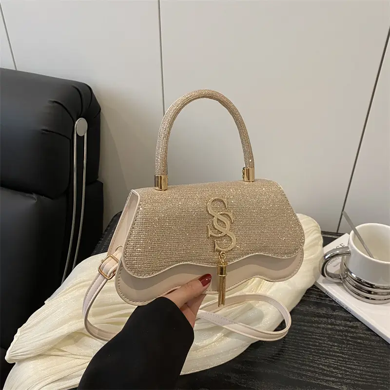2025 Sequin Satchel Bag White Gold One Shoulder