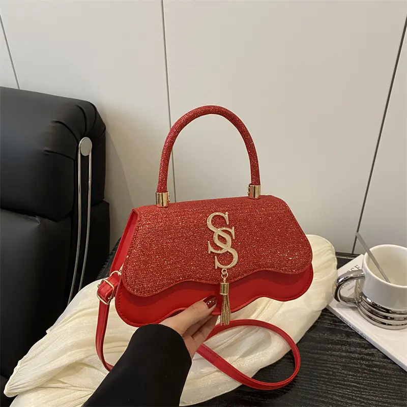 2025 Sequin Satchel Bag White Gold One Shoulder