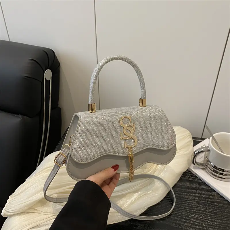 2025 Sequin Satchel Bag White Gold One Shoulder
