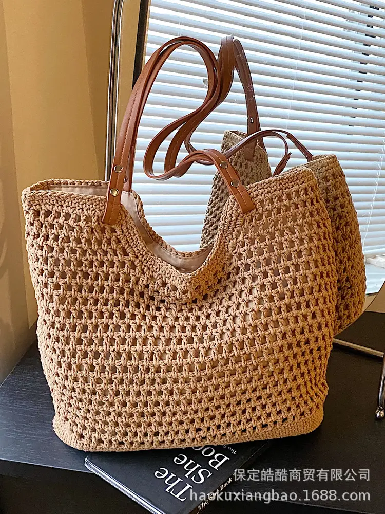 Women's Knitted Shoulder Bag with Leather Handles