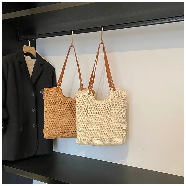 Women's Knitted Shoulder Bag with Leather Handles — feature 1