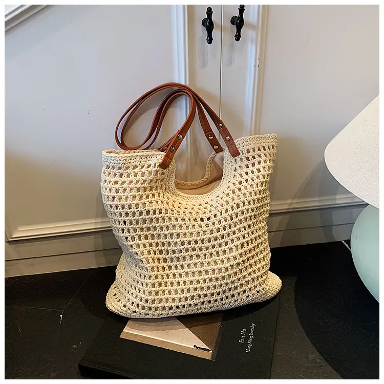 Women's Knitted Shoulder Bag with Leather Handles — feature 12