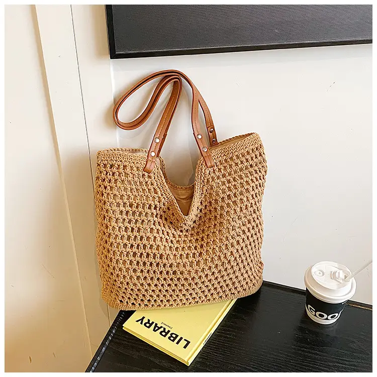 Women's Knitted Shoulder Bag with Leather Handles — feature 14