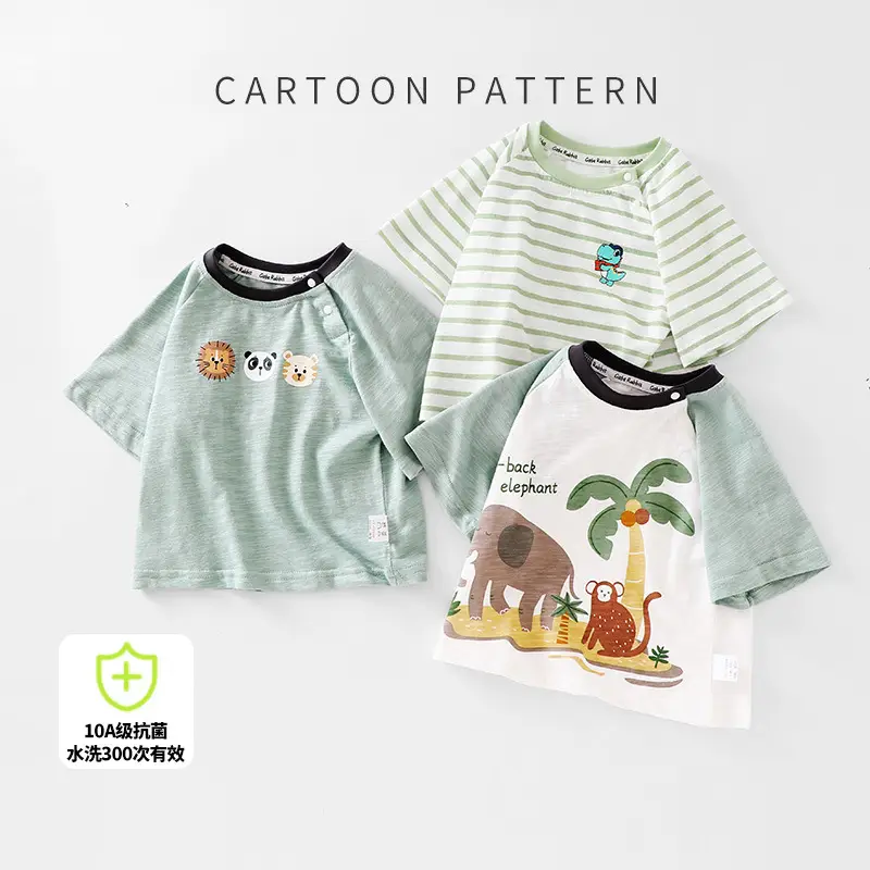 Baby Half-Sleeve Cartoon Top Light Green Cotton Summer - Image 5
