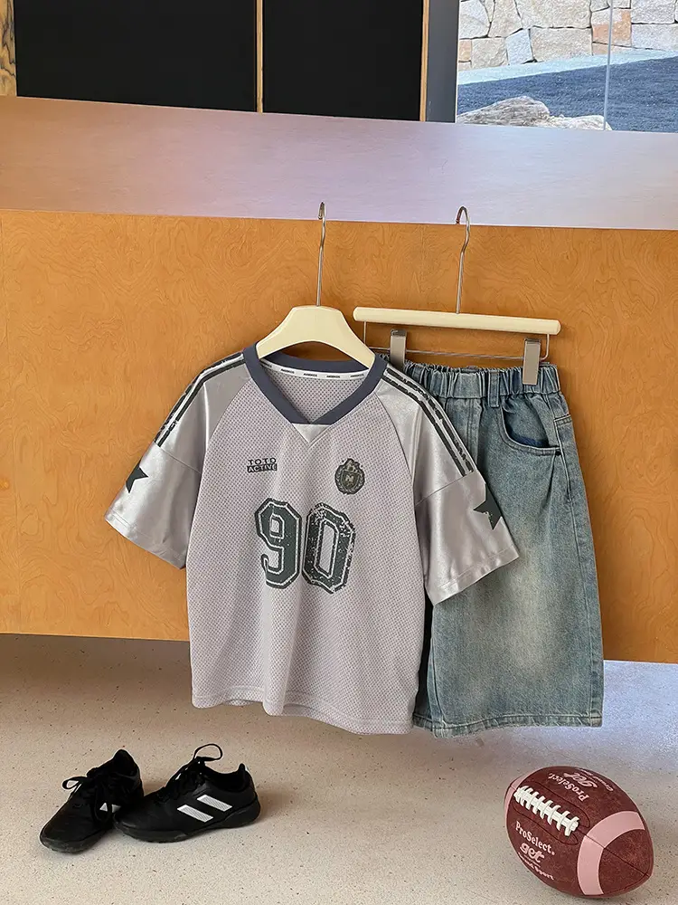 Aimo Beibei Boys Letter Patchwork T-Shirt Grey 2026 - Image 6