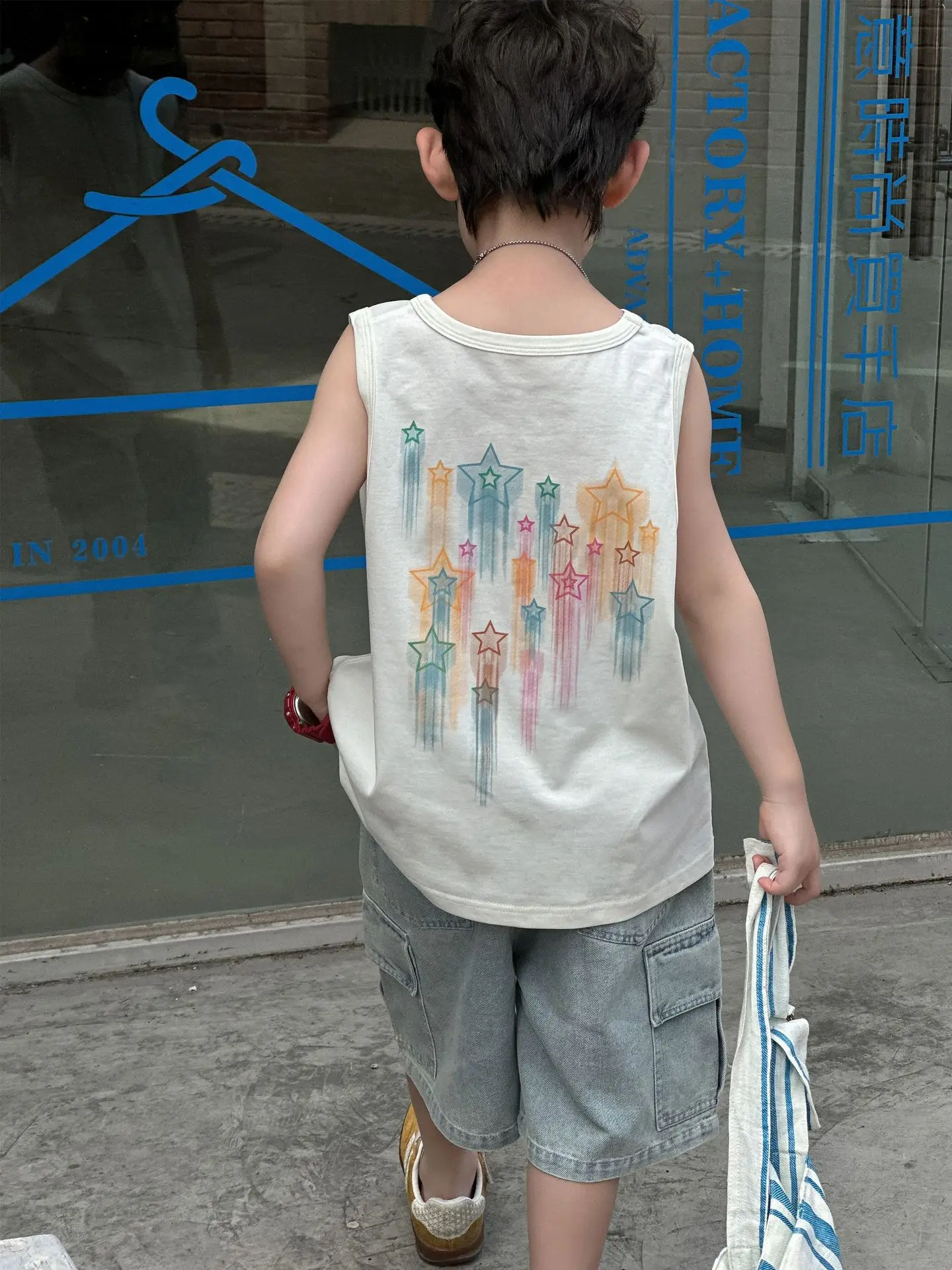 Kids White Graphic Sleeveless T-Shirt with Denim Shorts Medium