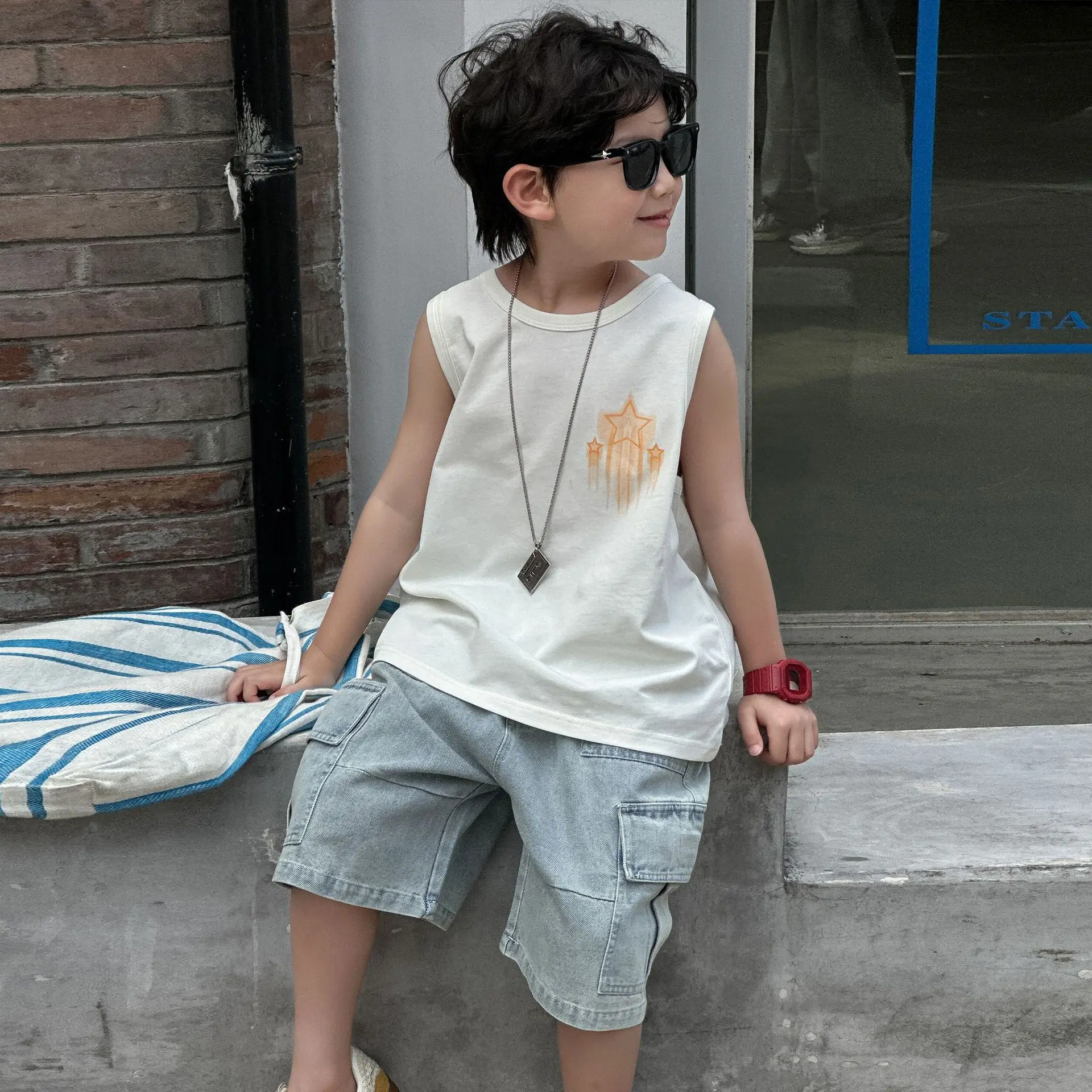 Kids White Graphic Sleeveless T-Shirt with Denim Shorts Medium — feature 11